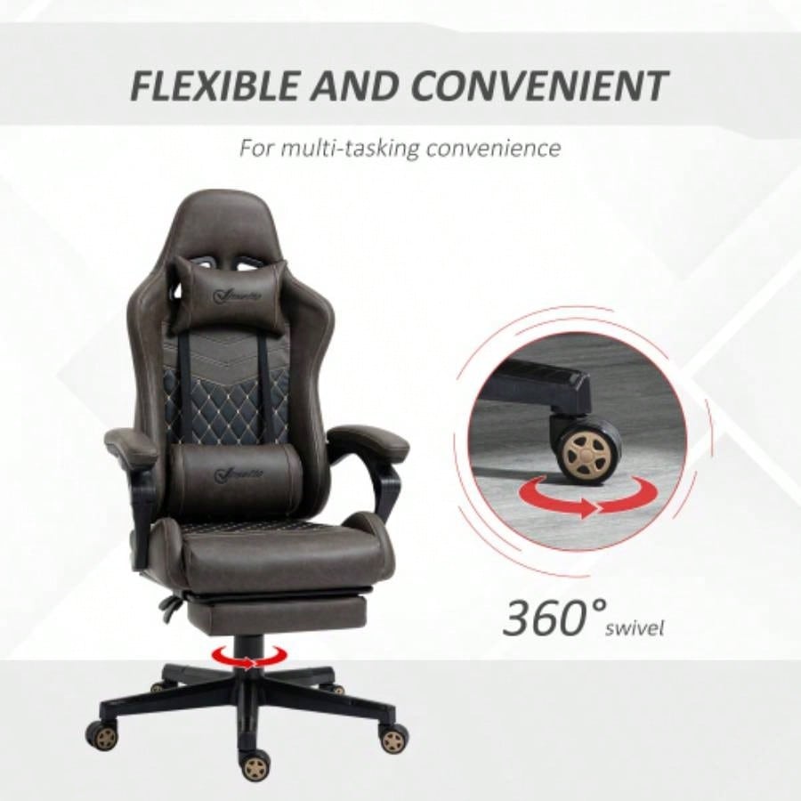Vinsetto Racing Gaming Chair PU Leather Office Gamer Chair High Back Swivel Recliner with Footrest, Lumbar Support, Adjustable Height, Brown