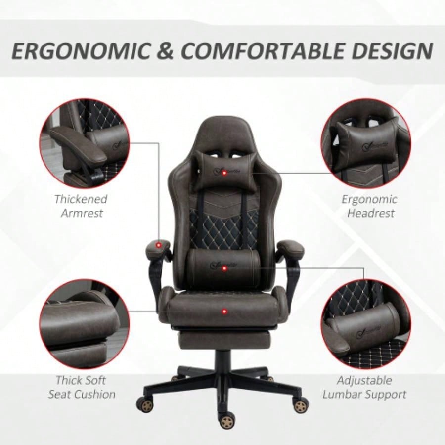 Vinsetto Racing Gaming Chair PU Leather Office Gamer Chair High Back Swivel Recliner with Footrest, Lumbar Support, Adjustable Height, Brown