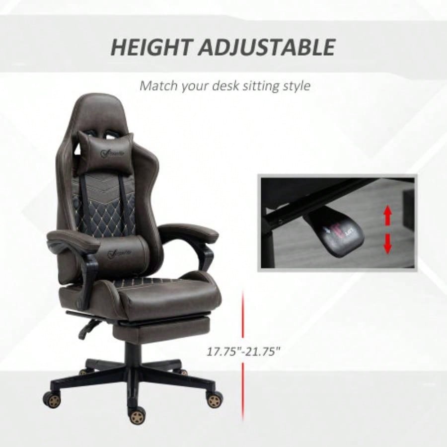 Vinsetto Racing Gaming Chair PU Leather Office Gamer Chair High Back Swivel Recliner with Footrest, Lumbar Support, Adjustable Height, Brown