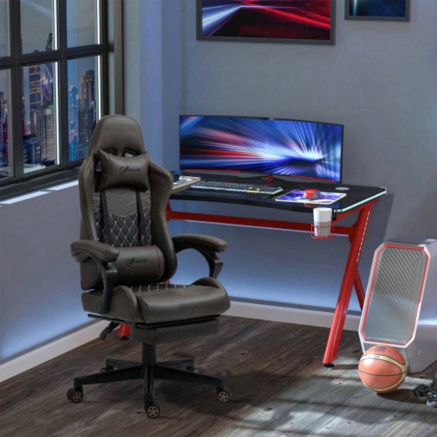 Vinsetto Racing Gaming Chair PU Leather Office Gamer Chair High Back Swivel Recliner with Footrest, Lumbar Support, Adjustable Height, Brown