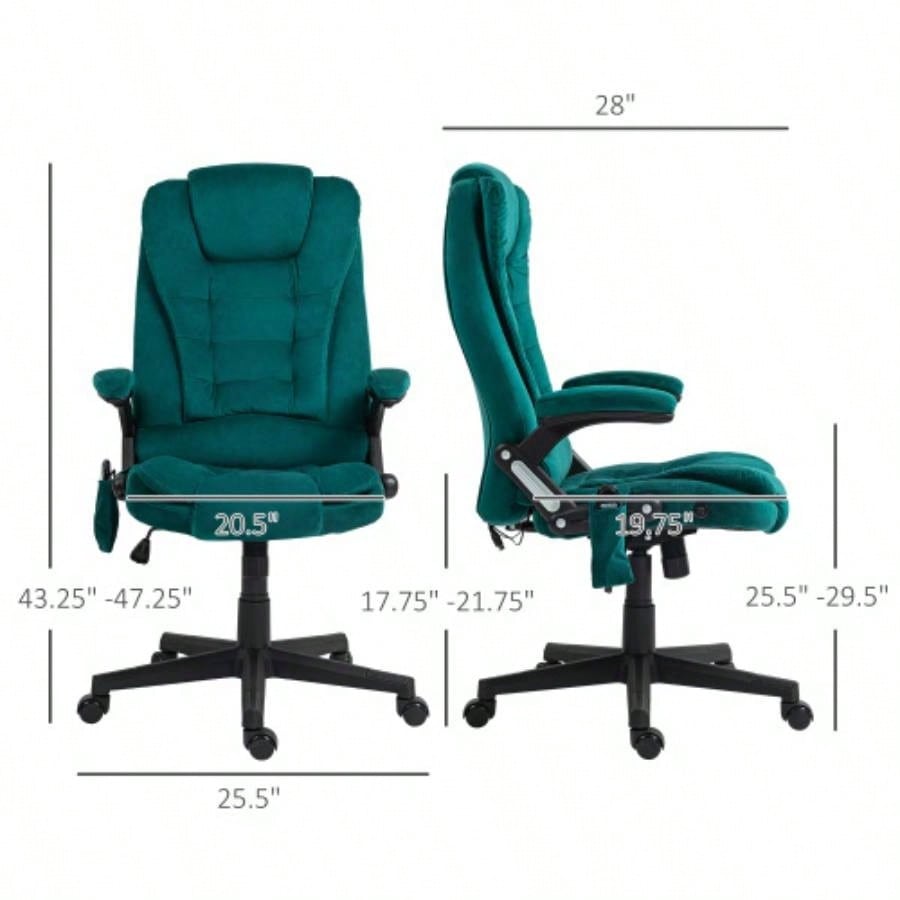 HOMCOM 6 Point Vibrating Massage Office Chair with Heat, Velvet High Back Executive Office Chair with Reclining Backrest, Padded Armrests and Remote, Dark Green