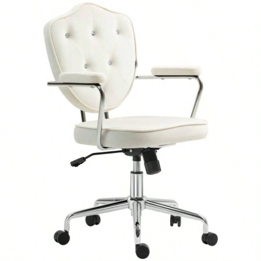 HOMCOM Cute Home Office Chair, Computer Desk Chair with Button Tufted Velvet - Feel Fabric, Swivel Vanity Chair, White