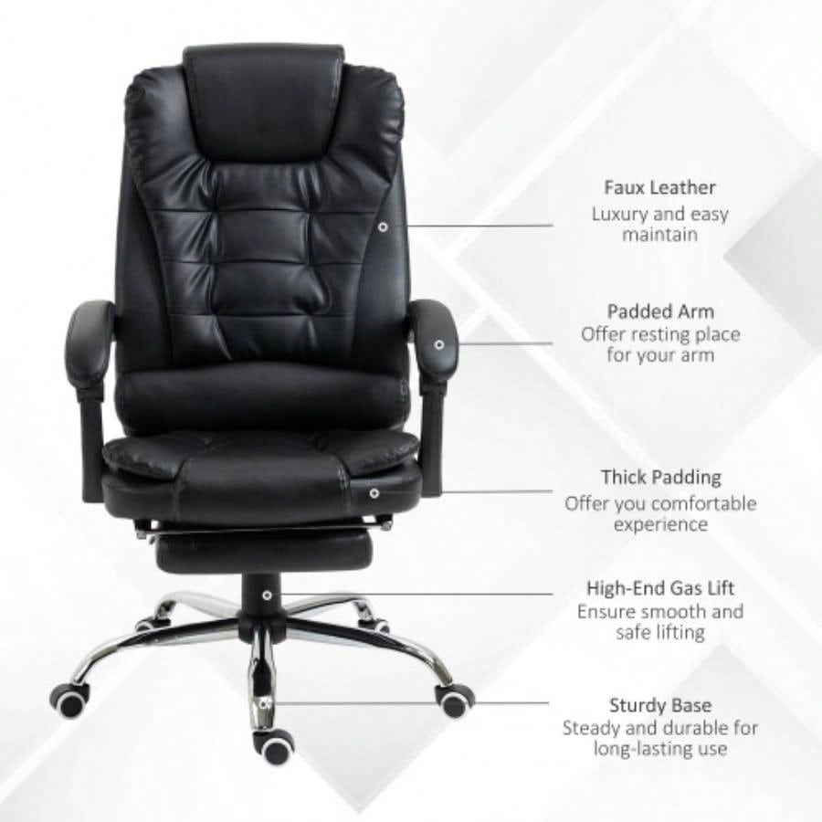 HOMCOM High Back Ergonomic Executive Office Chair, PU Leather Computer Chair with Retractable Footrest, Lumbar Support, Padded Headrest and Armrest, Black