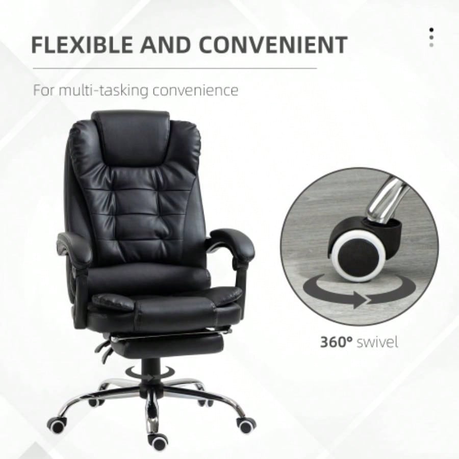 HOMCOM High Back Ergonomic Executive Office Chair, PU Leather Computer Chair with Retractable Footrest, Lumbar Support, Padded Headrest and Armrest, Black