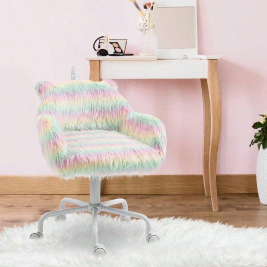 HOMCOM Fluffy Office Chair with Mid - Back and Armrest Support, 5 Swivel Wheel White Base,