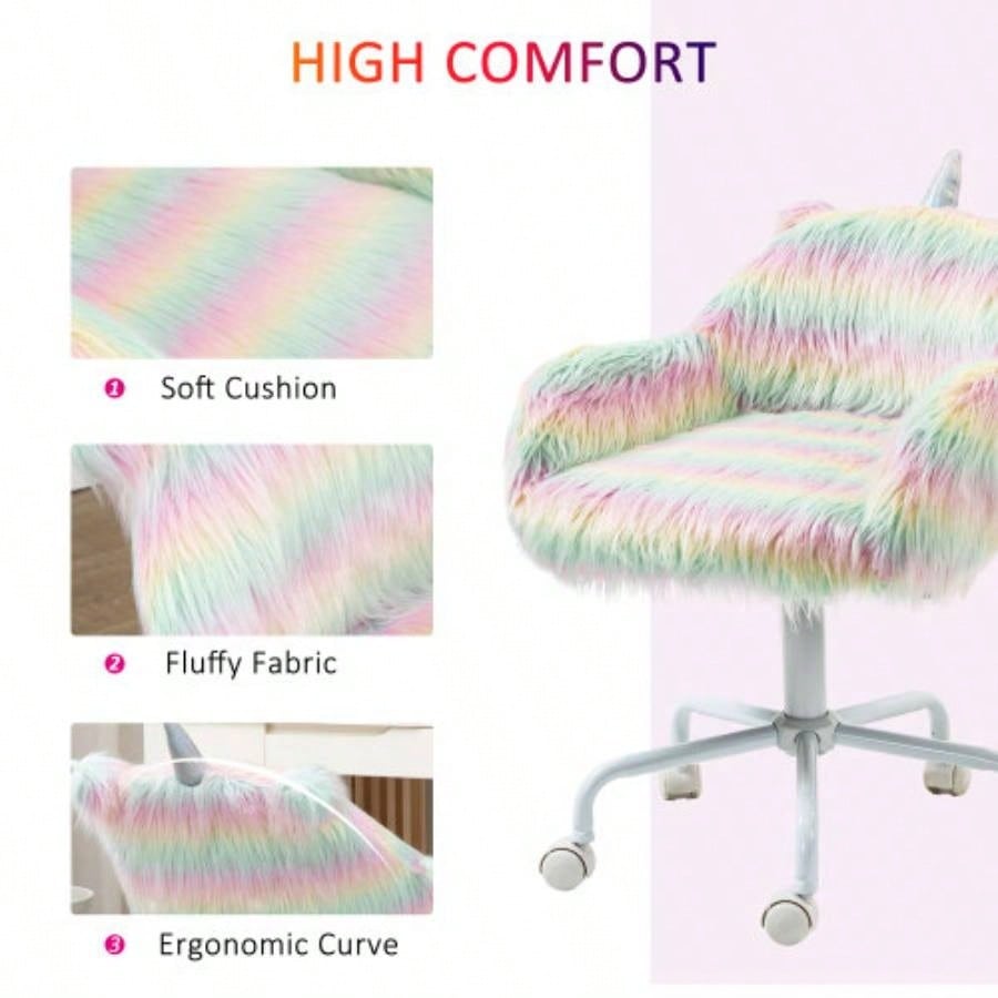HOMCOM Fluffy Office Chair with Mid - Back and Armrest Support, 5 Swivel Wheel White Base,