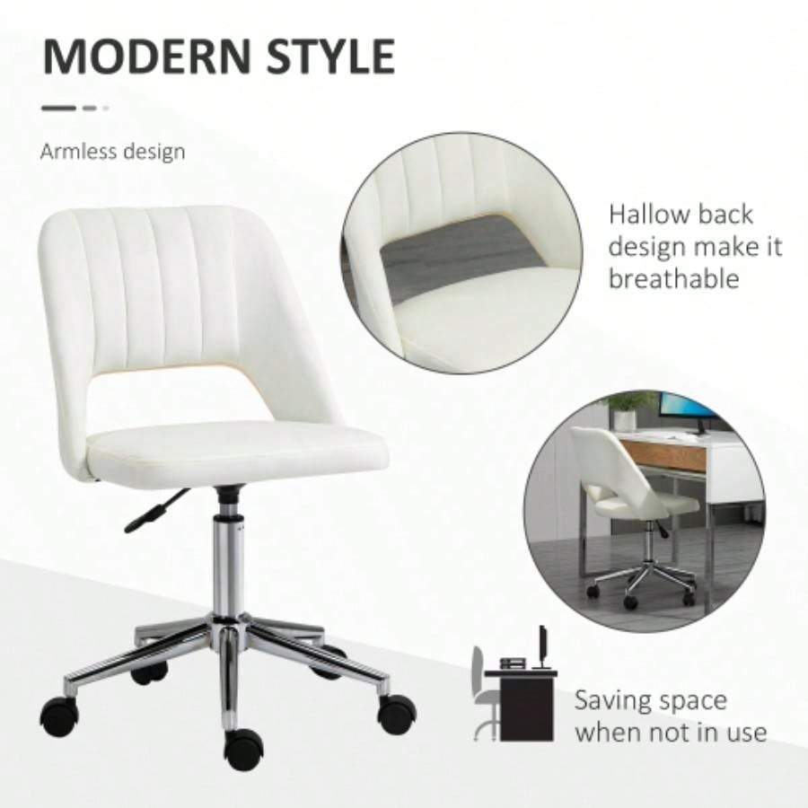 Vinsetto Modern Mid Back Office Chair with Velvet Fabric, Swivel Computer Armless Desk Chair with Hollow Back Design Home Office, White