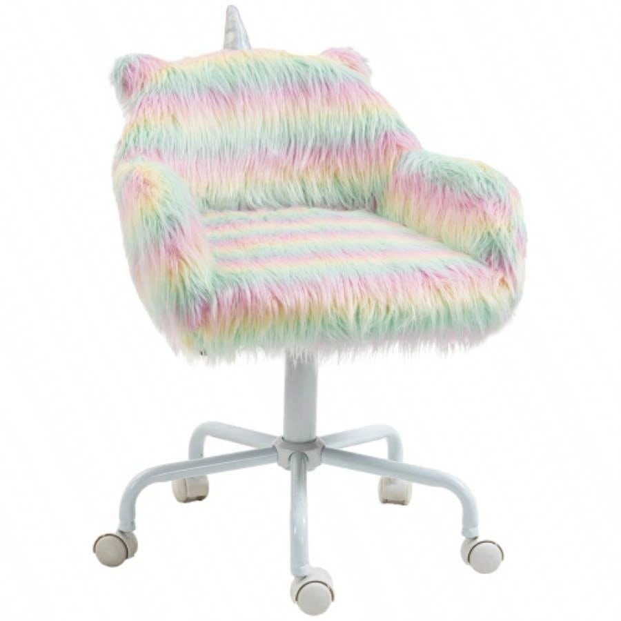 HOMCOM Fluffy Office Chair with Mid - Back and Armrest Support, 5 Swivel Wheel White Base,