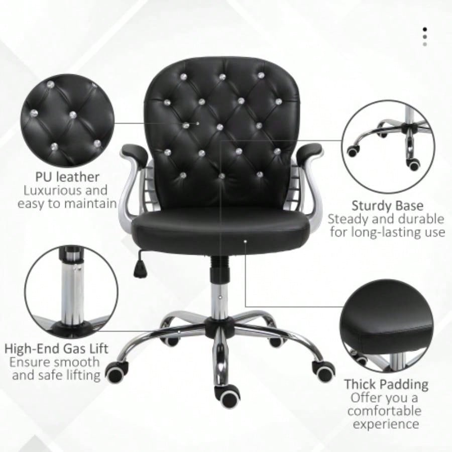 Vinsetto PU Leather Home Office Chair, Button Tufted Desk Chair with Padded Armrests, Adjustable Height and Swivel Wheels, Black