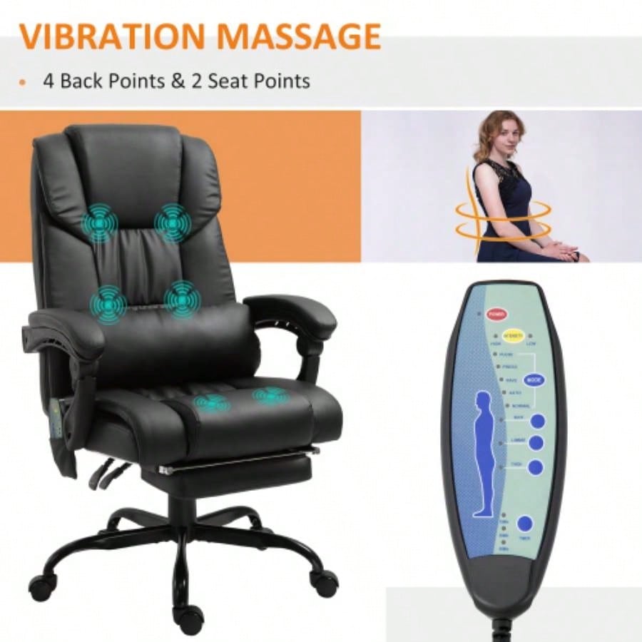 Vinsetto High Back Massage Office Chair with 6 Vibration Points, PU Leather Reclining Computer Chair, Ergonomic Office Chair with Footrest Adjustable Height and Remote, Black