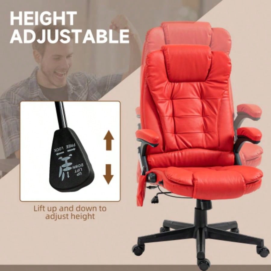 HOMCOM High Back Vibration Massage Office Chair with 6 Vibration Points, Heated Reclining PU Leather Computer Chair with Armrest and Remote, Red