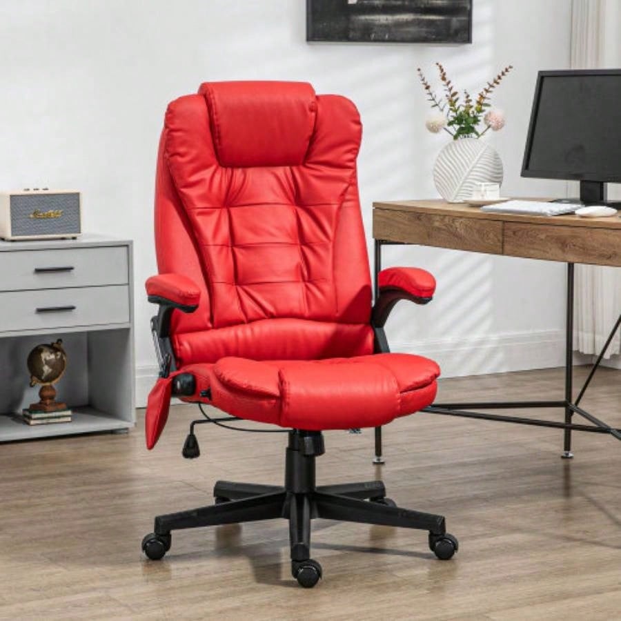 HOMCOM High Back Vibration Massage Office Chair with 6 Vibration Points, Heated Reclining PU Leather Computer Chair with Armrest and Remote, Red