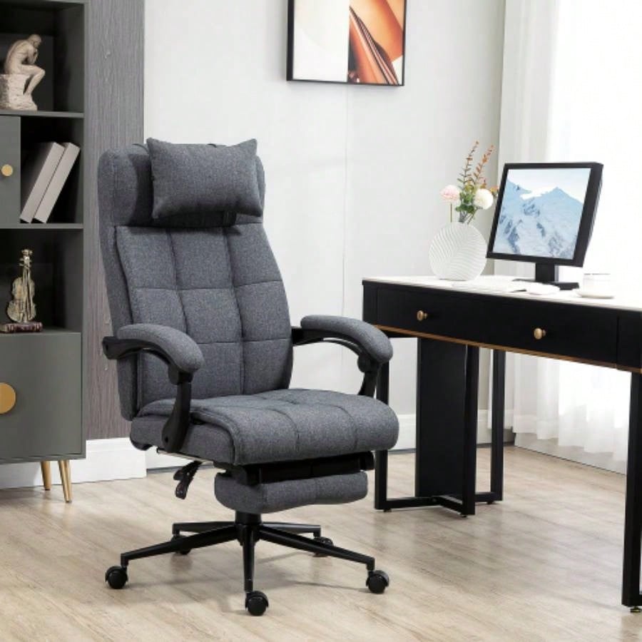 Executive Linen - Feel Fabric Office Chair High Back Swivel Task Chair with Adjustable Height Upholstered Retractable Footrest, Headrest and Padded Armrest, Dark