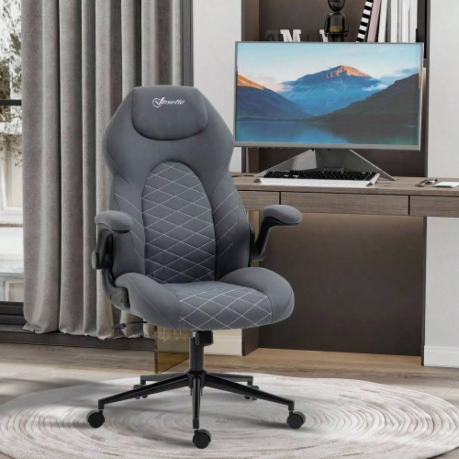 Vinsetto High Back Office Chair with Flip Up Armrests, Swivel Computer Chair with Adjustable Height and Tilt Function, Dark Gray