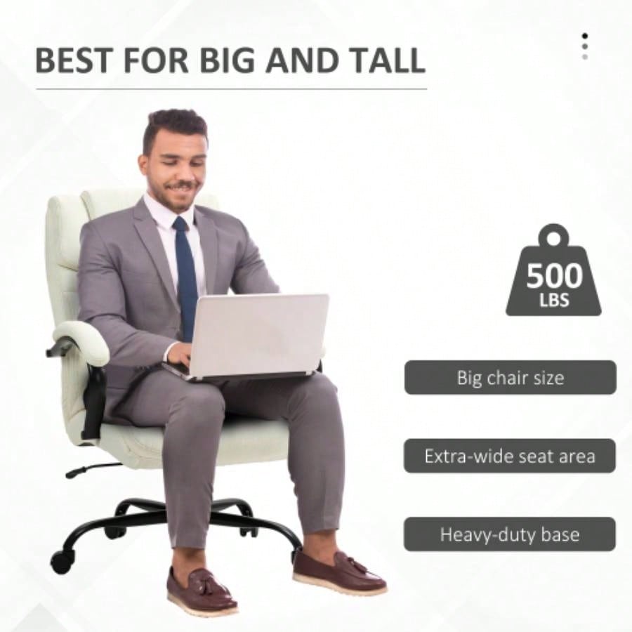 Vinsetto 500lbs Big and Tall Office Chair with Wide, Executive Computer Chair with Adjustable Height, Swivel Wheels and Linen, White