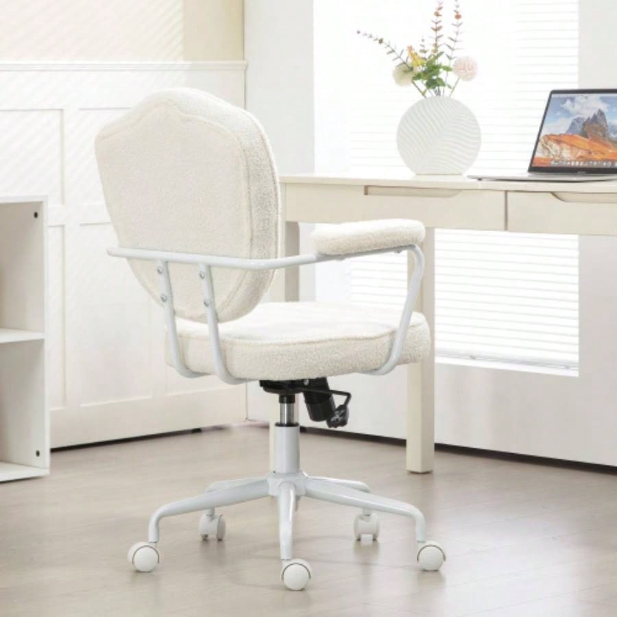 HOMCOM Cute Home Office Chair, Computer Desk Chair with Button Tufted Teddy Bear Fleece, Swivel Vanity Chair, White