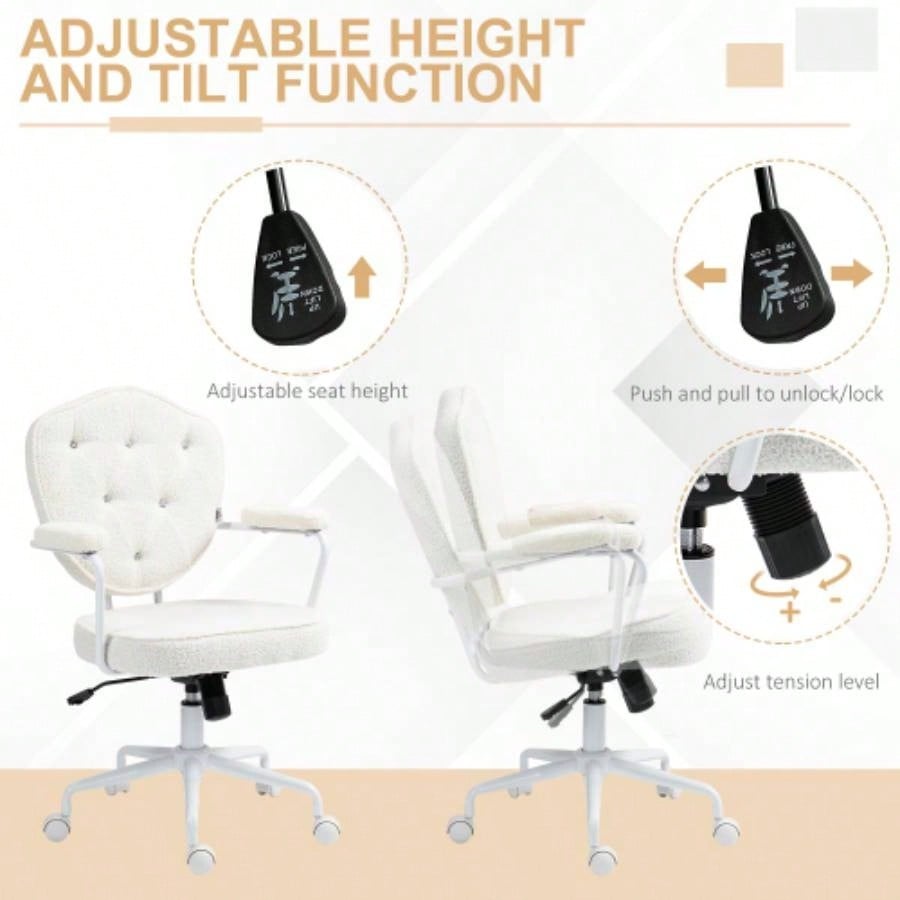HOMCOM Cute Home Office Chair, Computer Desk Chair with Button Tufted Teddy Bear Fleece, Swivel Vanity Chair, White