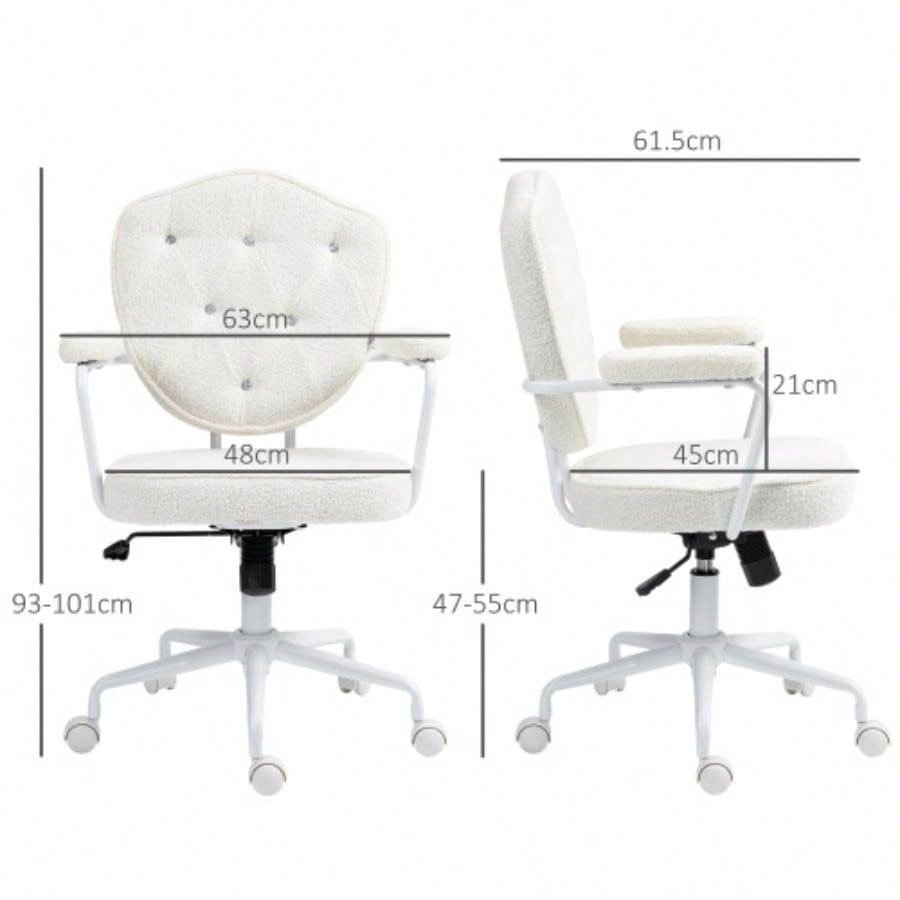HOMCOM Cute Home Office Chair, Computer Desk Chair with Button Tufted Teddy Bear Fleece, Swivel Vanity Chair, White