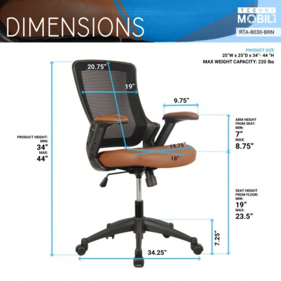 Techni Mobili Mid - Back Mesh Task Office Chair with Height Adjustable Arms, Brown