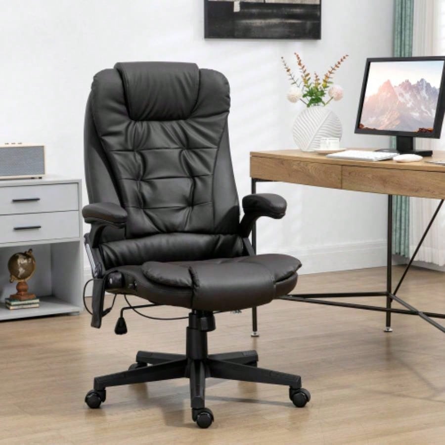 HOMCOM High Back Vibration Massage Office Chair with 6 Vibration Points, Heated Reclining PU Leather Computer Chair with Armrest and Remote, Dark Brown