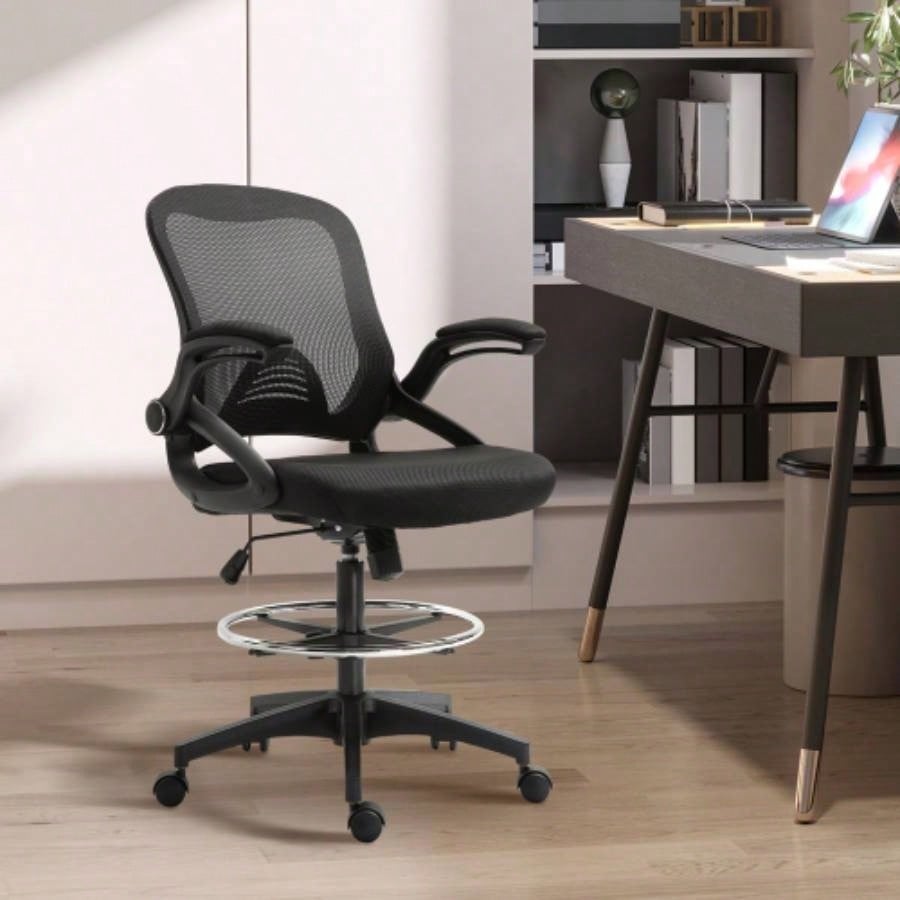 Mesh Drafting Chair, Tall Office Chair with Lumbar Support, Flip - Up Armrests, Footrest Ring and Adjustable Height, Black