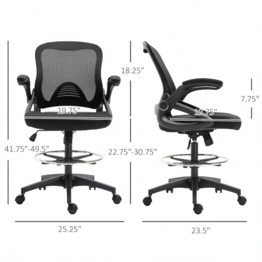 Mesh Drafting Chair, Tall Office Chair with Lumbar Support, Flip - Up Armrests, Footrest Ring and Adjustable Height, Black