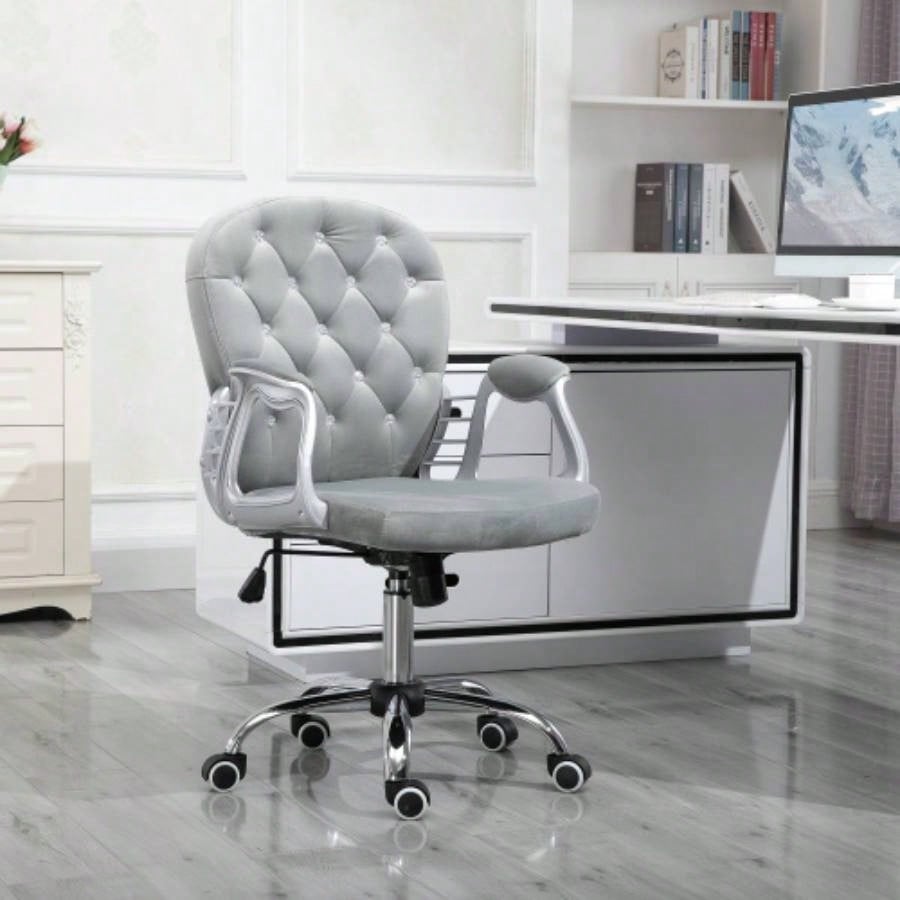 Velvet Home Office Chair, Button Tufted Desk Chair with Padded Armrests, Adjustable Height and Swivel Wheels, Gray