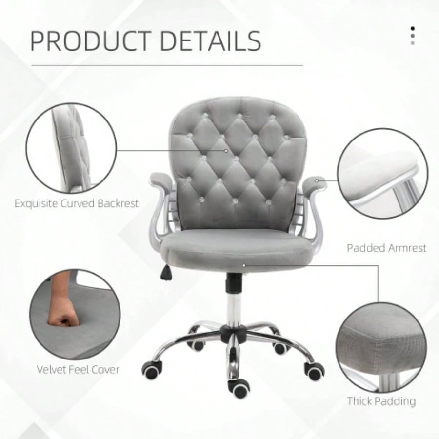 Velvet Home Office Chair, Button Tufted Desk Chair with Padded Armrests, Adjustable Height and Swivel Wheels, Gray