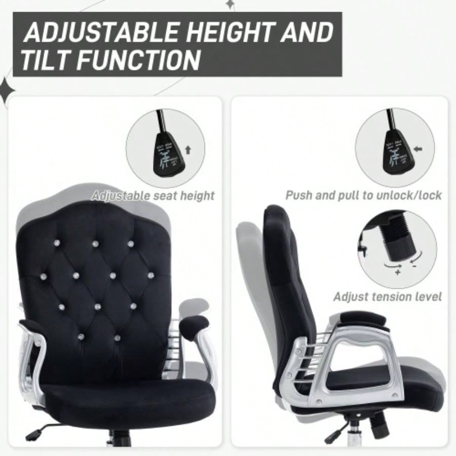 Vinsetto Home Office Chair, Velvet Computer Chair, Button Tufted Desk Chair with Swivel Wheels, Adjustable Height, and Tilt Function, Black