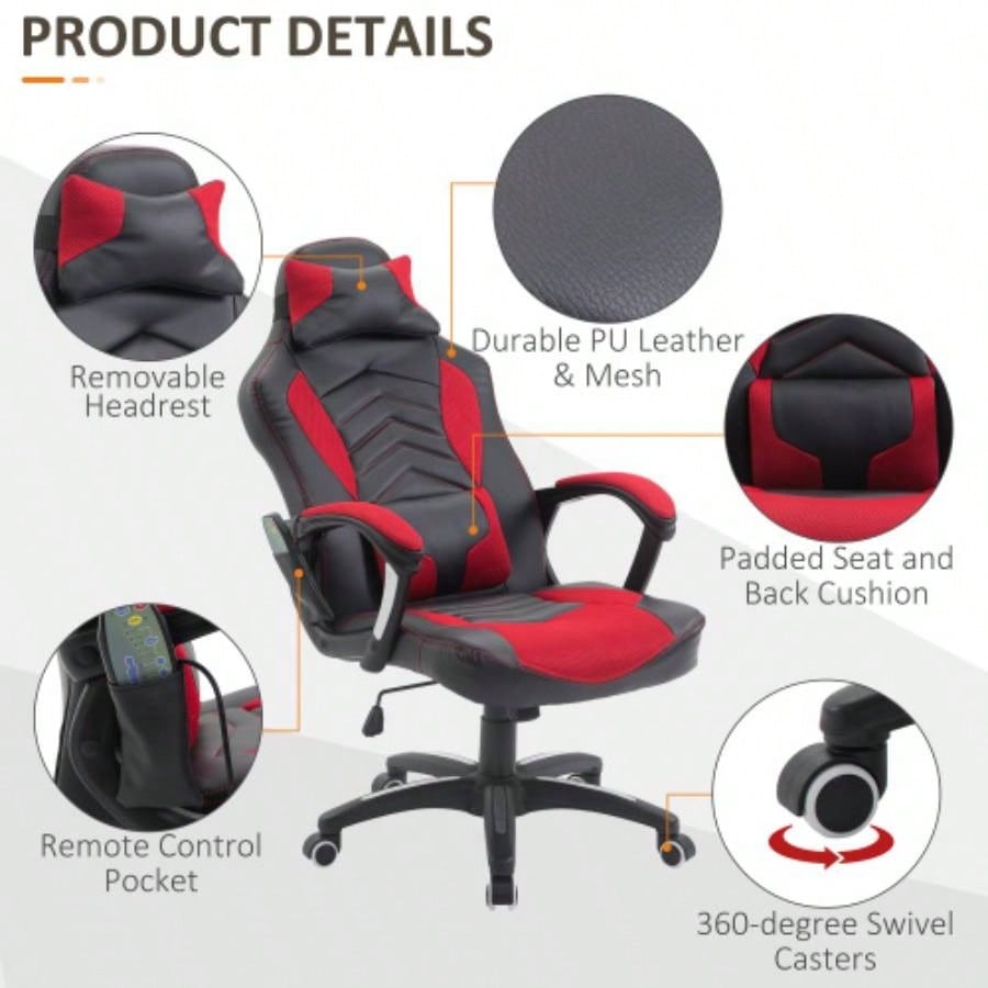 HOMCOM 6 Vibrating Point Massage Computer Gaming Chair 5 Modes, Racing Style Heated Desk Chair Swivel Rolling Chair with Headrest, Red/ Black