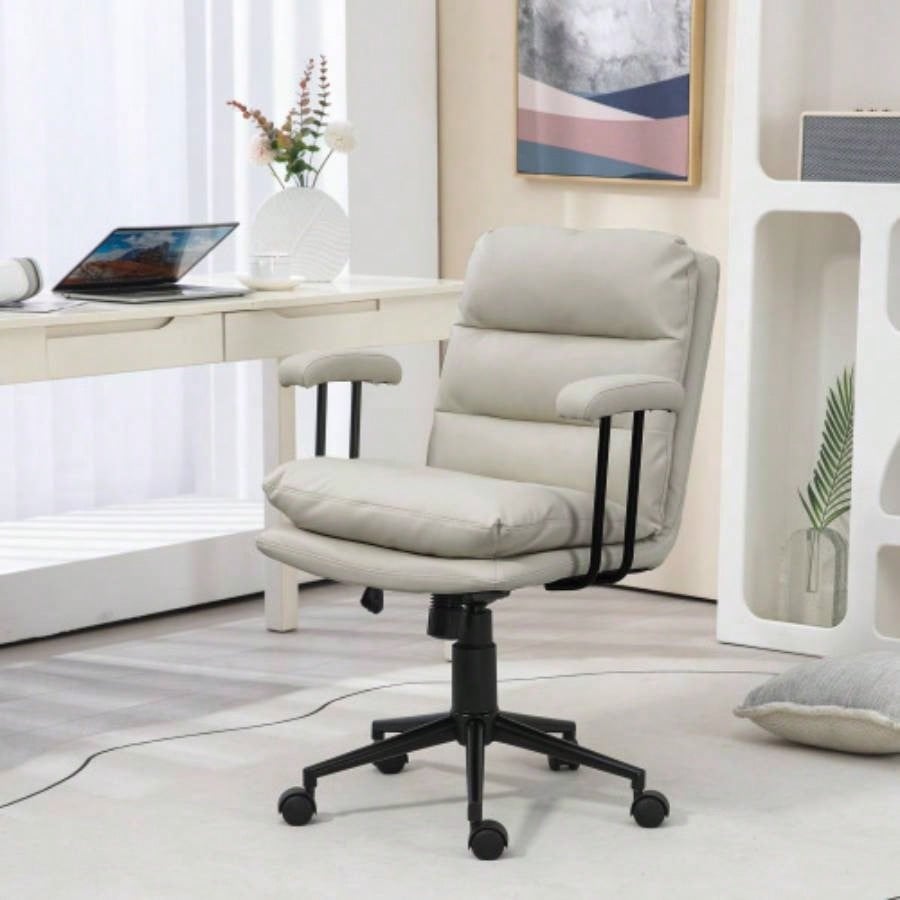 HOMCOM PU Leather Office Chair, Office Desk Chair, Task Computer Chair with Swivel Wheels, Adjustable Height, Double - tier Padded, Light Gray