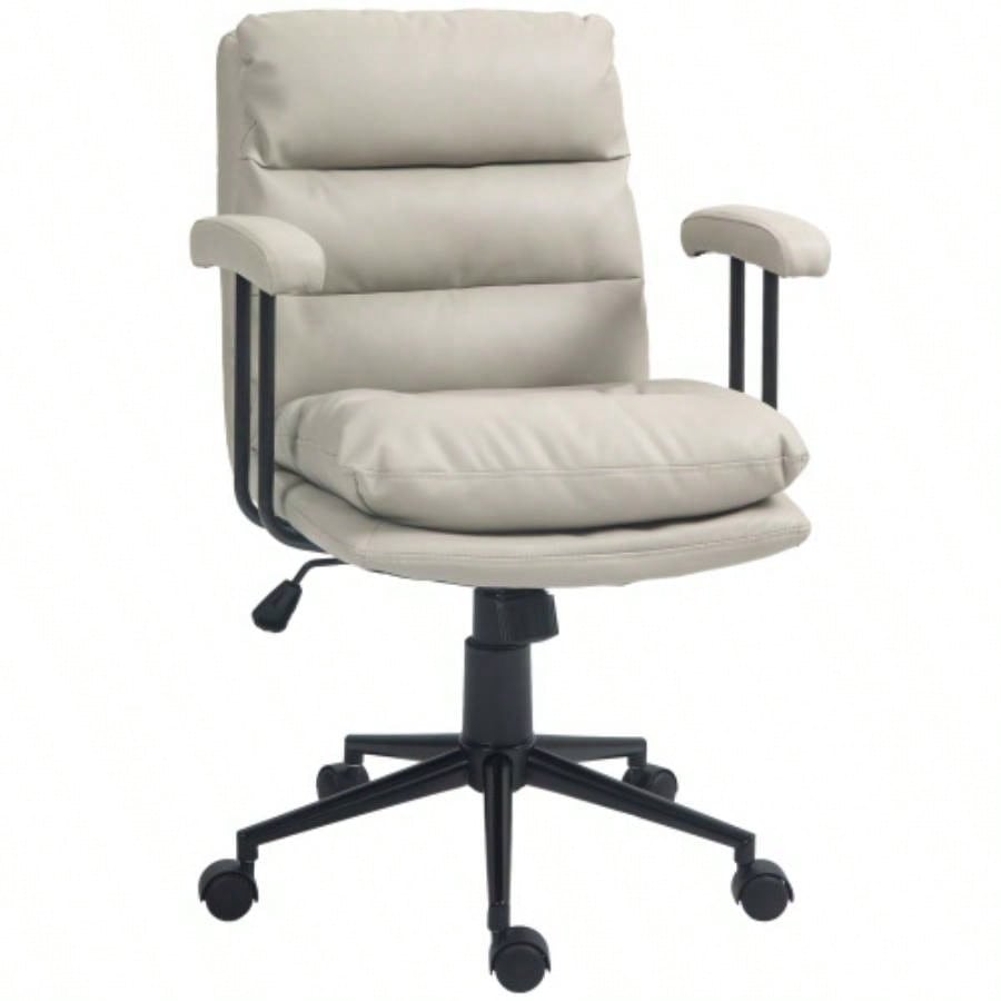 HOMCOM PU Leather Office Chair, Office Desk Chair, Task Computer Chair with Swivel Wheels, Adjustable Height, Double - tier Padded, Light Gray
