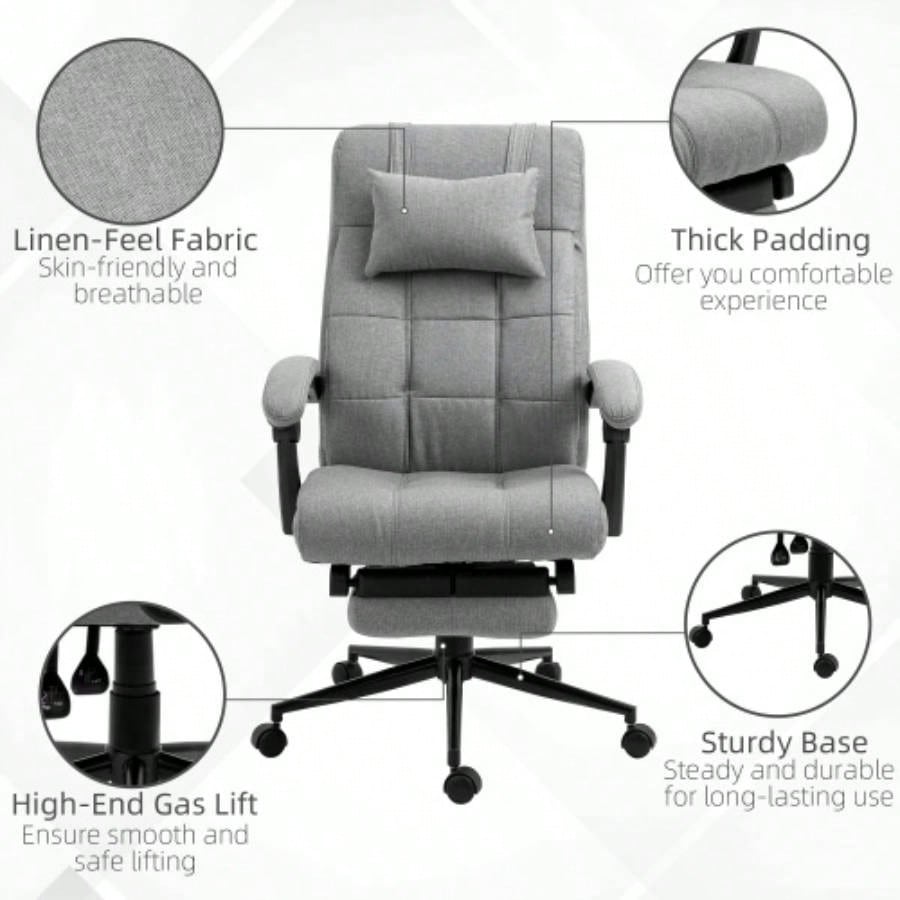 Vinsetto Executive Linen - Feel Fabric Office Chair High Back Swivel Task Chair with Adjustable Height Upholstered Retractable Footrest, Headrest and Padded Armrest, Light