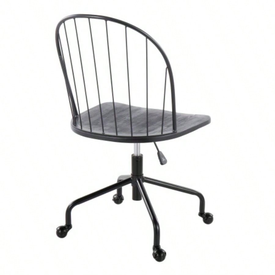 Riley Farmhouse Adjustable High Back Office Chair in Black Metal and Black Wood by LumiSource