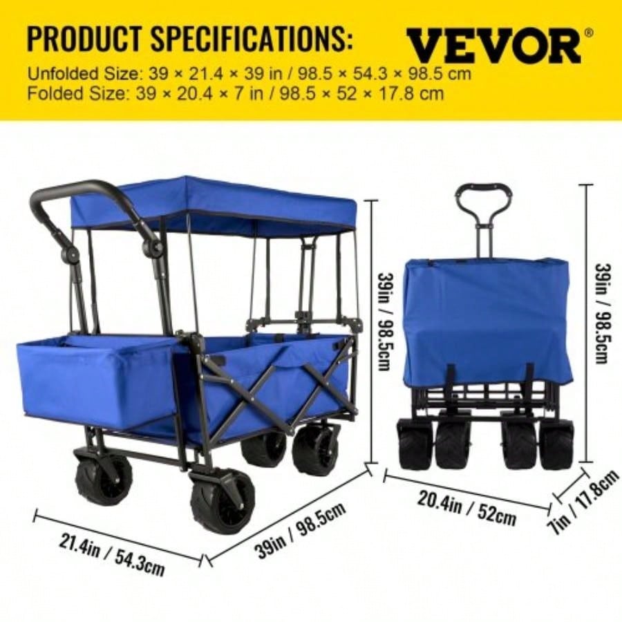 Large Collapsible Garden Cart with Removable Canopy, Folding Wagon Utility Carts with Wheels and Rear Storage, Wagon Cart Garden, Camping, Grocery Cart, Shopping Cart, Blue