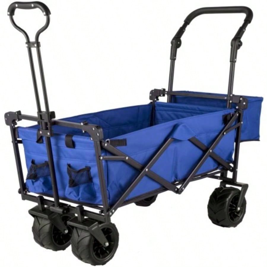 Large Collapsible Garden Cart with Removable Canopy, Folding Wagon Utility Carts with Wheels and Rear Storage, Wagon Cart Garden, Camping, Grocery Cart, Shopping Cart, Blue