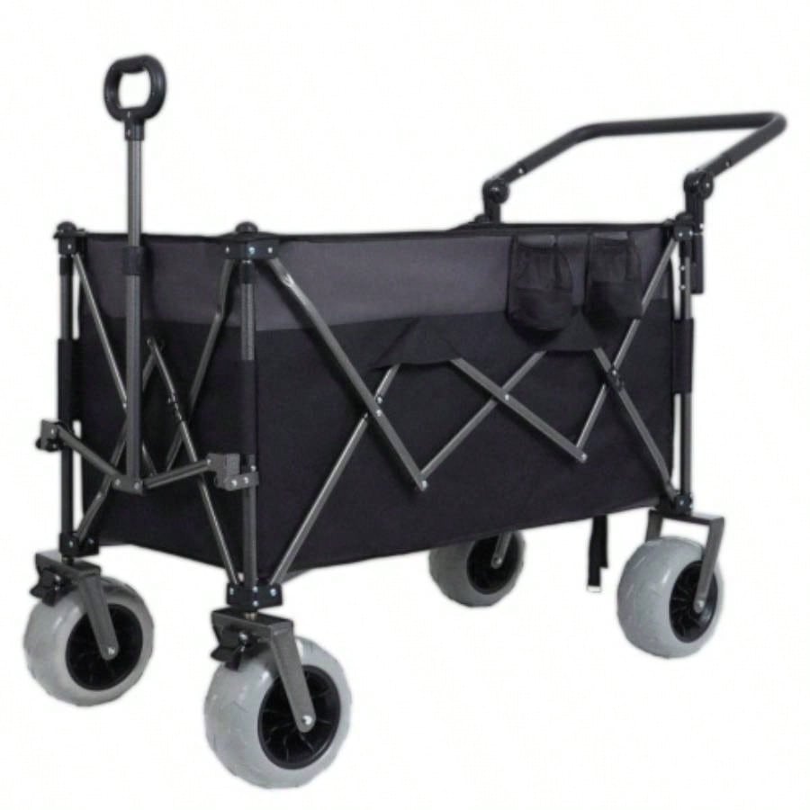 Multi - Functional Push - Pull Folding Wagon Cart with Rotating Handle 360 All - Terrain Wheels - Heavy - Duty, Adjustable Design, Large Capacity Transport, Groceries, and Outdoor Use, khaki - Gray