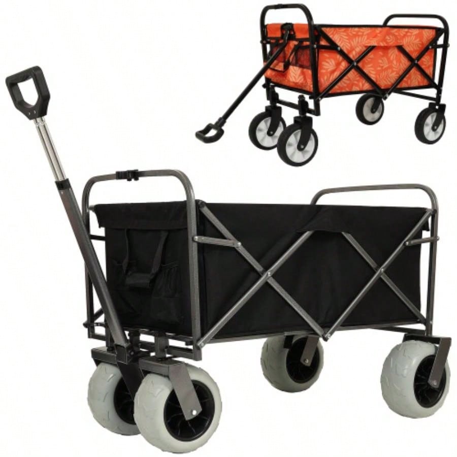 Beach Wagon with Big Wheels Sand 500lbs capacity - All Terrain Steel Frame Utility Cart with 9 Pneumatic Tires, Collapsible Folding Design, strap with multiuse bag, black
