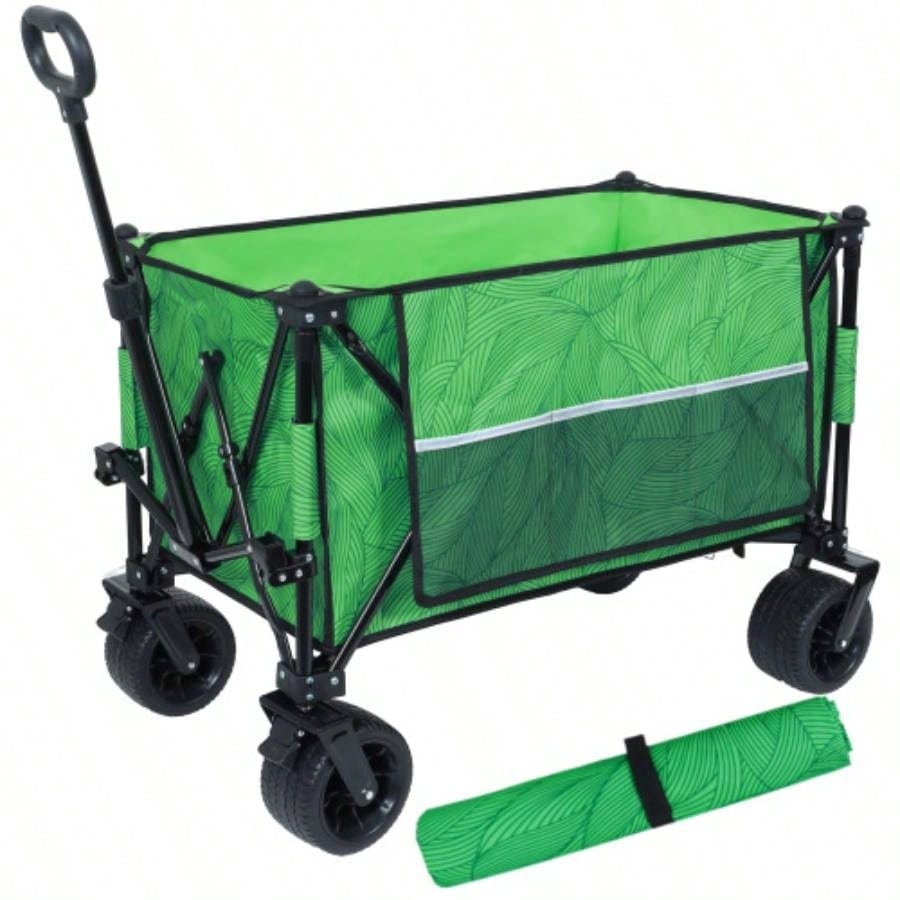 Heavy - Duty 480lbs Folding Wagon Cart with Bonus Picnic - All - Terrain Beach Wheels, Drink Holders, Brakes Side Pocket Camping, Garden, Sports, orange print