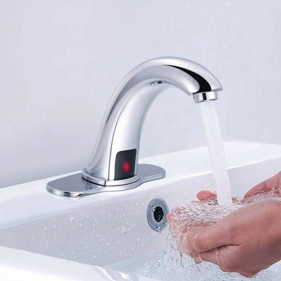 Automatic Sensor Touchless Bathroom Sink Faucet with Deck Plate, Vanity Faucets, Hands Bathroom Tap with Cold and Hot Mixer