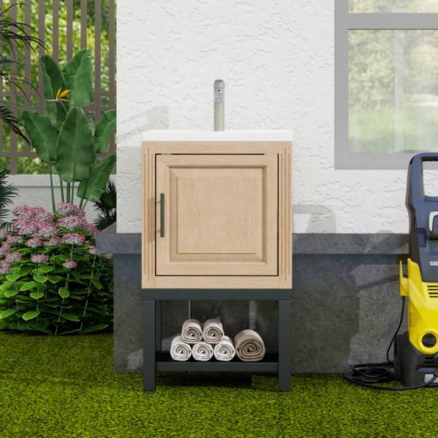 24 Bathroom Vanity with White Ceramic Sink Hot and Cold Faucet, Freestanding Bathroom Cabinet with 2 Storage Doors and Open iron Shelf Bathroom