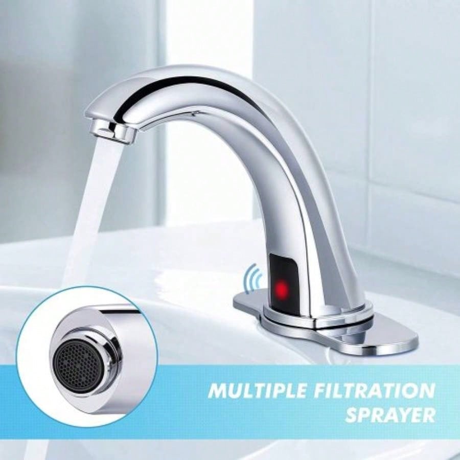 Automatic Sensor Touchless Bathroom Sink Faucet with Deck Plate, Vanity Faucets, Hands Bathroom Tap with Cold and Hot Mixer