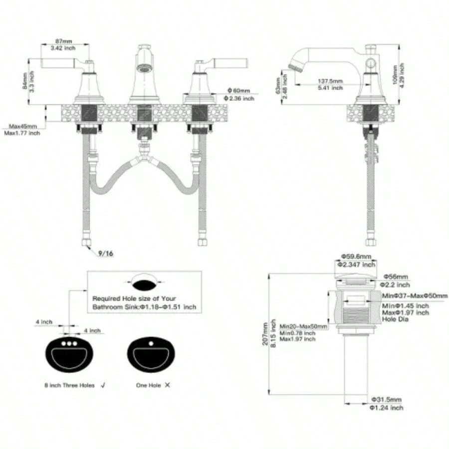 Matte Black Widespread Waterfall Bathroom Faucet with - Up Drain
