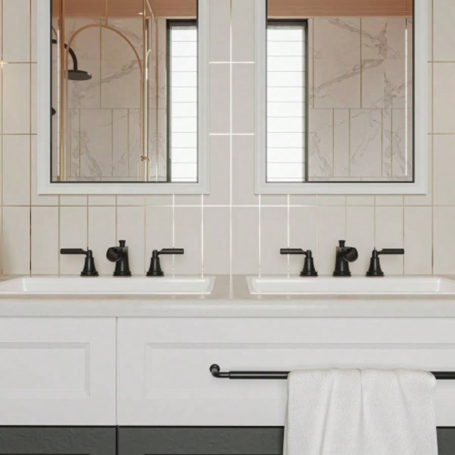 Matte Black Widespread Waterfall Bathroom Faucet with - Up Drain