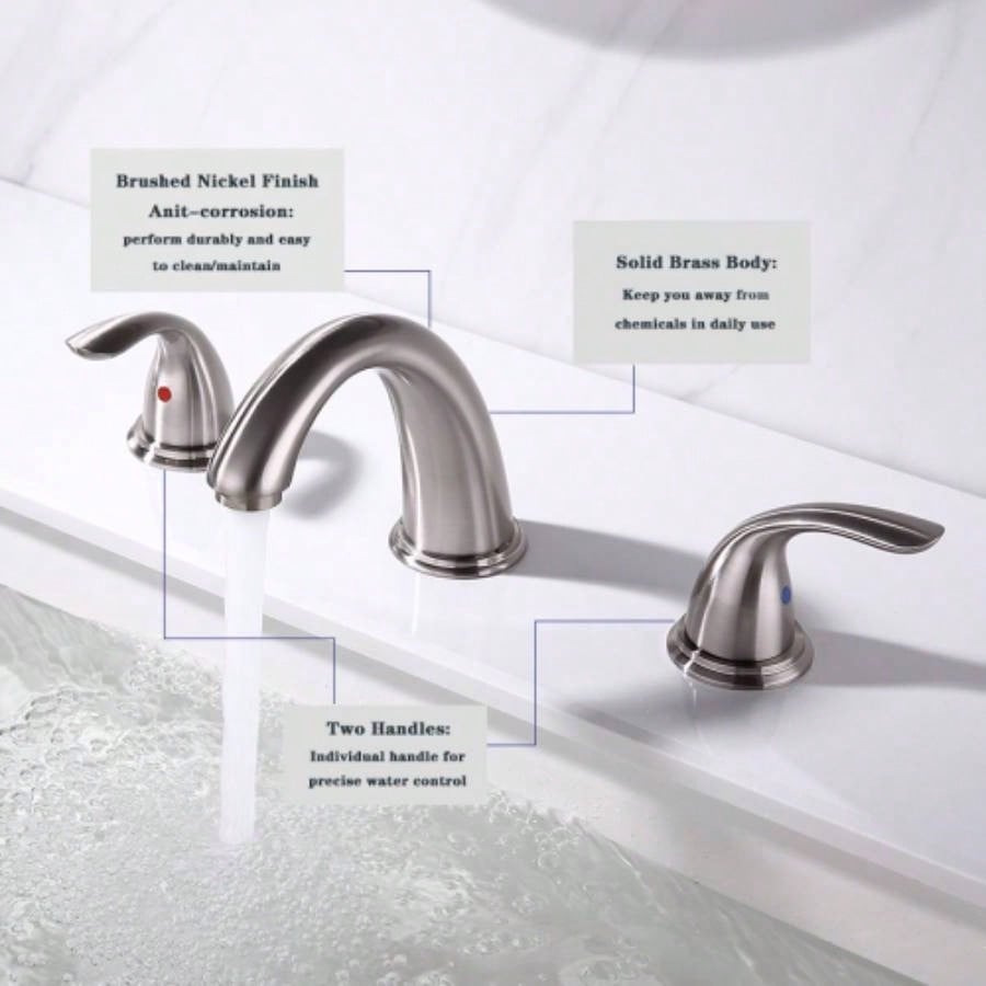 Brushed Nickel Widespread Bathroom Faucet, Waterfall Bathroom Faucets Sink 3 Hole, 2 - Handles Modern Vanity Faucet with Up Drain Assembly and Lead - Supply Hose, 8 - Inch