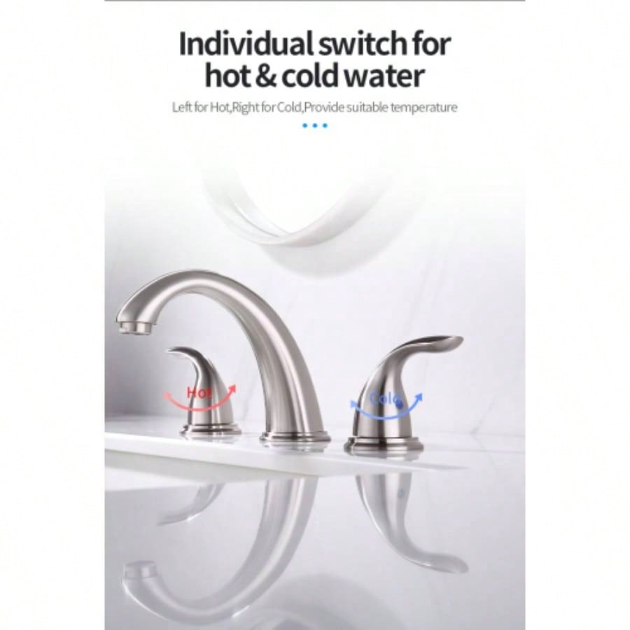 Brushed Nickel Widespread Bathroom Faucet, Waterfall Bathroom Faucets Sink 3 Hole, 2 - Handles Modern Vanity Faucet with Up Drain Assembly and Lead - Supply Hose, 8 - Inch