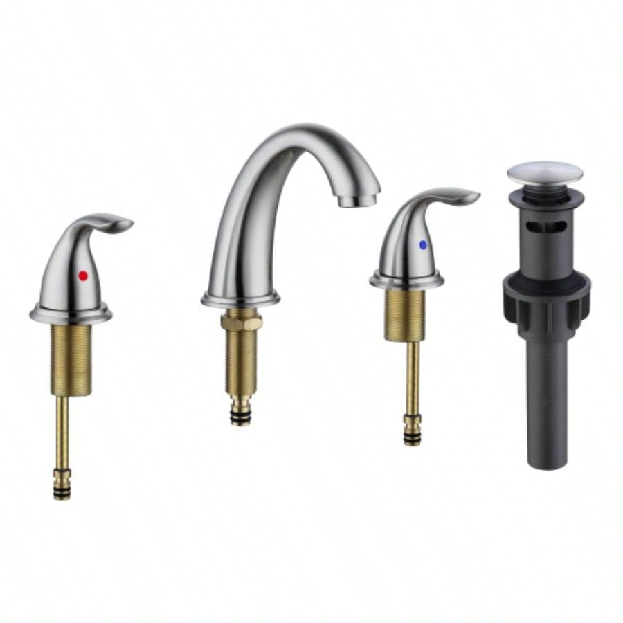 Brushed Nickel Widespread Bathroom Faucet, Waterfall Bathroom Faucets Sink 3 Hole, 2 - Handles Modern Vanity Faucet with Up Drain Assembly and Lead - Supply Hose, 8 - Inch