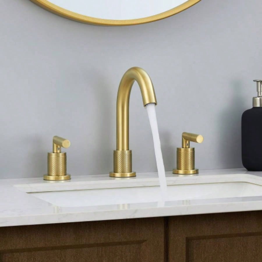 Gold Bathroom Faucet 2 Handle 8 Inch Bathroom Sink Faucets Stainless Steel 3 Hole Widespread with Up Drain and Supply Hoses, Brushed Gold
