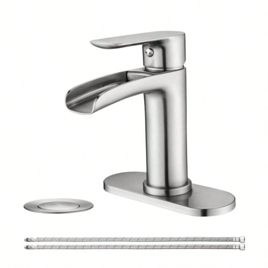 Waterfall Bathroom Faucet Single Handle Bathroom Sink Faucets 1 or 3 Hole Solid Vanity Faucet with Deck Plate Overflow Up Drain Brushed Nickel