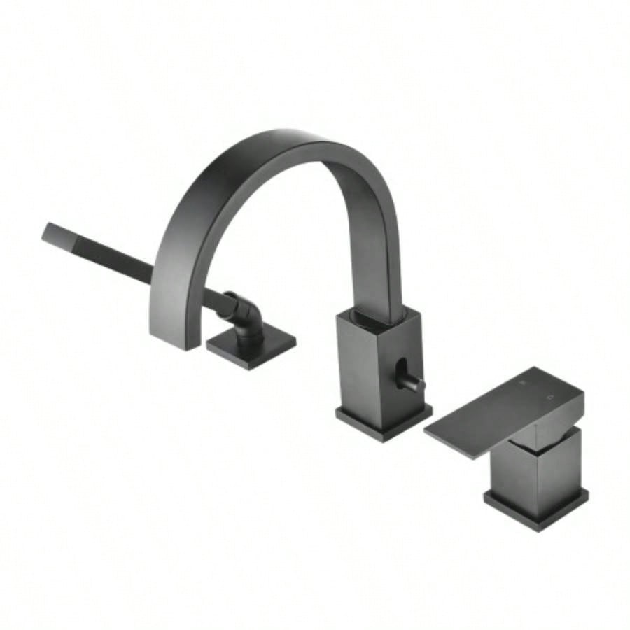 Waterfall Bathtub Faucet with Sprayer, 3 - Hole Roman Tub Filler with Hand Shower Deck Mount Waterfall Tub Spout Set